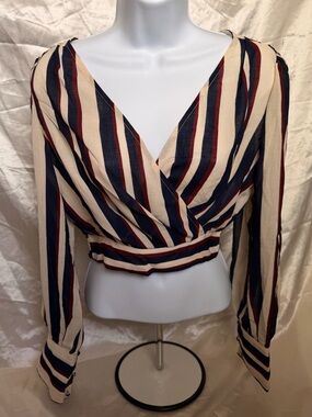 Striped Wrap Blouse in Cream with Navy & Burgundy